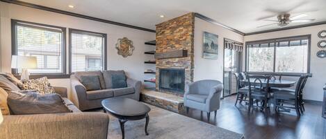 Télévision, cheminée, livres