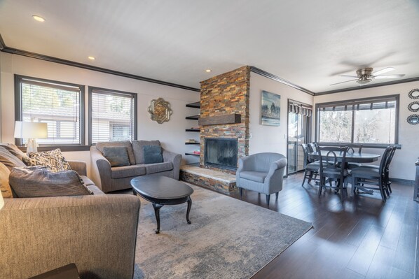 TV, fireplace, books