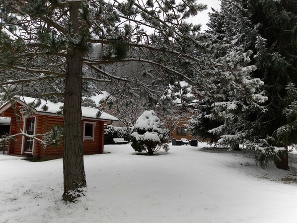 A log cabin with a snow-covered roof, surrounded by evergreen trees and a snow-covered lawn. - Staufenberg Vacation Rental - House in Wolfsbach - Vacation Apartments (Walkenried)