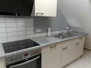 A modern kitchen with a built-in oven, a stovetop, a sink, and a white cabinet. - Staufenberg Vacation Rental - House in Wolfsbach - Vacation Apartments (Walkenried)