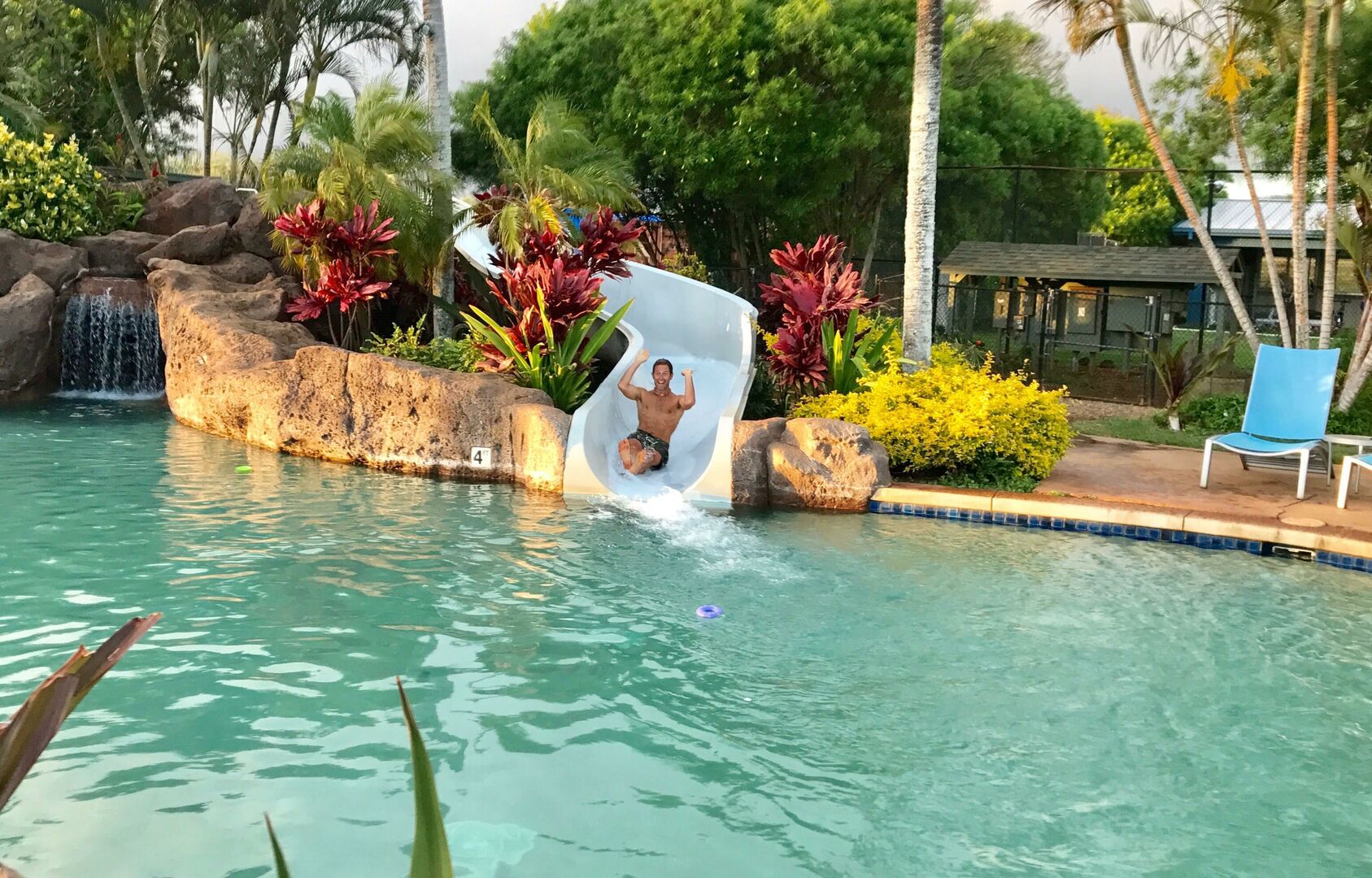 A swimming pool with a water slide, surrounded by tropical plants and rocks.