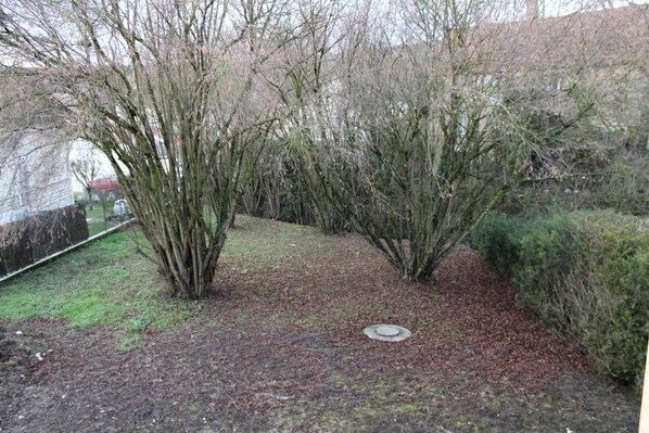 A garden area with leaf-covered ground, a metal manhole cover, and various shrubs and trees. - La Maison De Delsy (Binson-et-Orquigny)