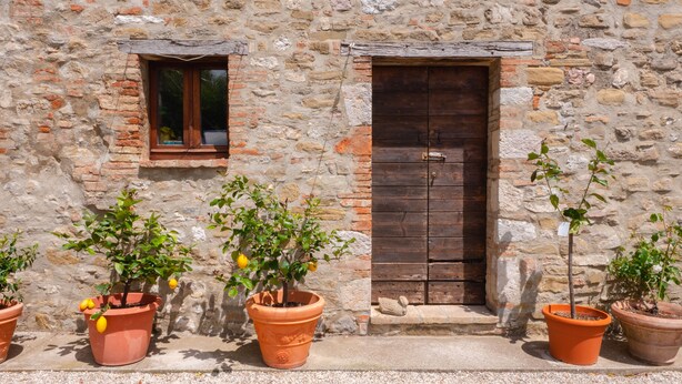 A stone building with a wooden door and window. There are potted plants in front. - Family Friendly Accommodation in Umbria (Perugia)