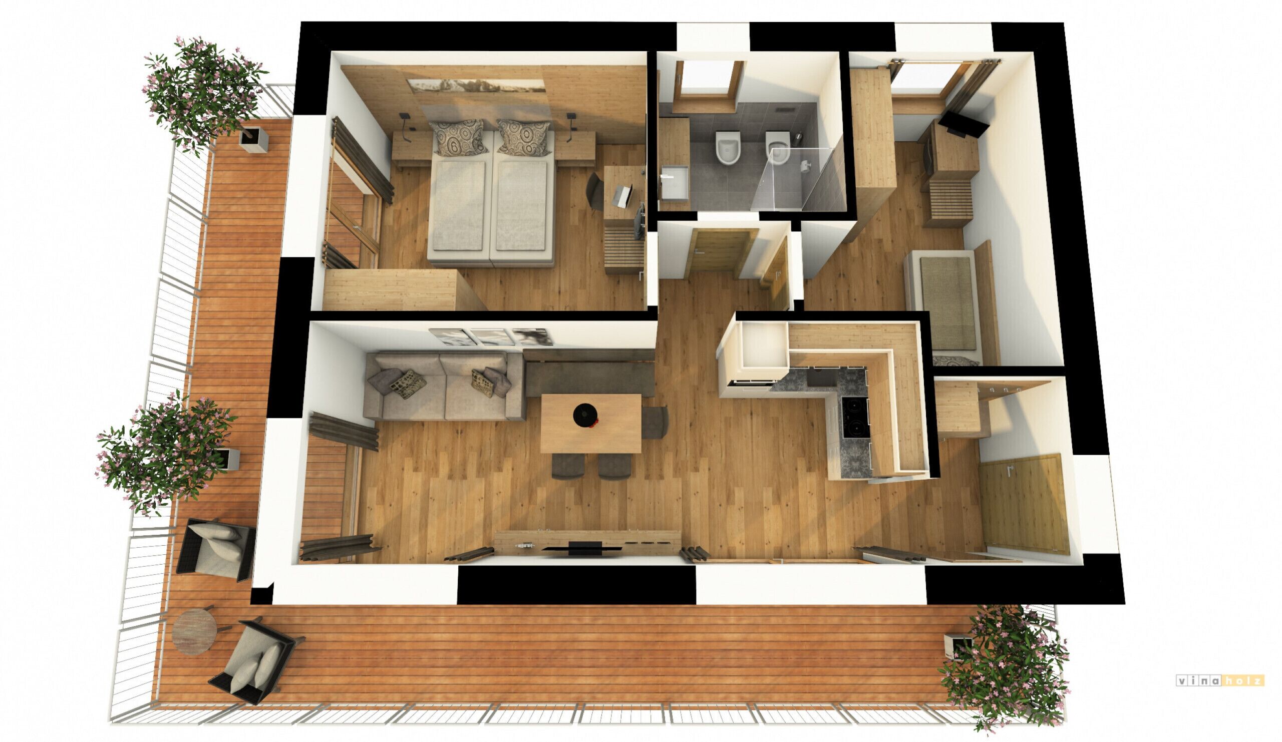 Grundriss einer 2-Zimmer-Wohnung mit Wohnzimmer, Küche, zwei Schlafzimmern und einem Balkon.