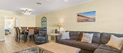 Smart TV, fireplace, books
