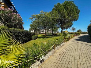 Stroll along the beautifully manicured walkway surrounded by lush greenery and vibrant flowers.