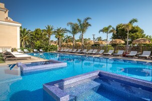 Outdoor pool, pool umbrellas, pool loungers