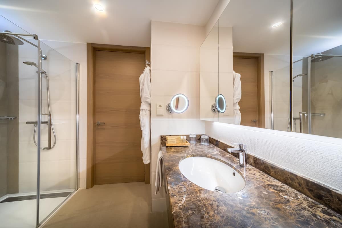 shower, hair dryer, bidet, towels