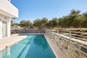 A swimming pool with a stone wall and metal railing, surrounded by trees and a white building. - Theasea Stylish Residences (Mylopotamos)