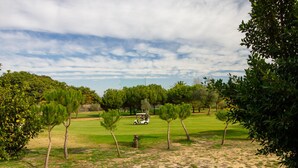 Un campo de golf con cielo despejado, árboles y un carrito de golf.