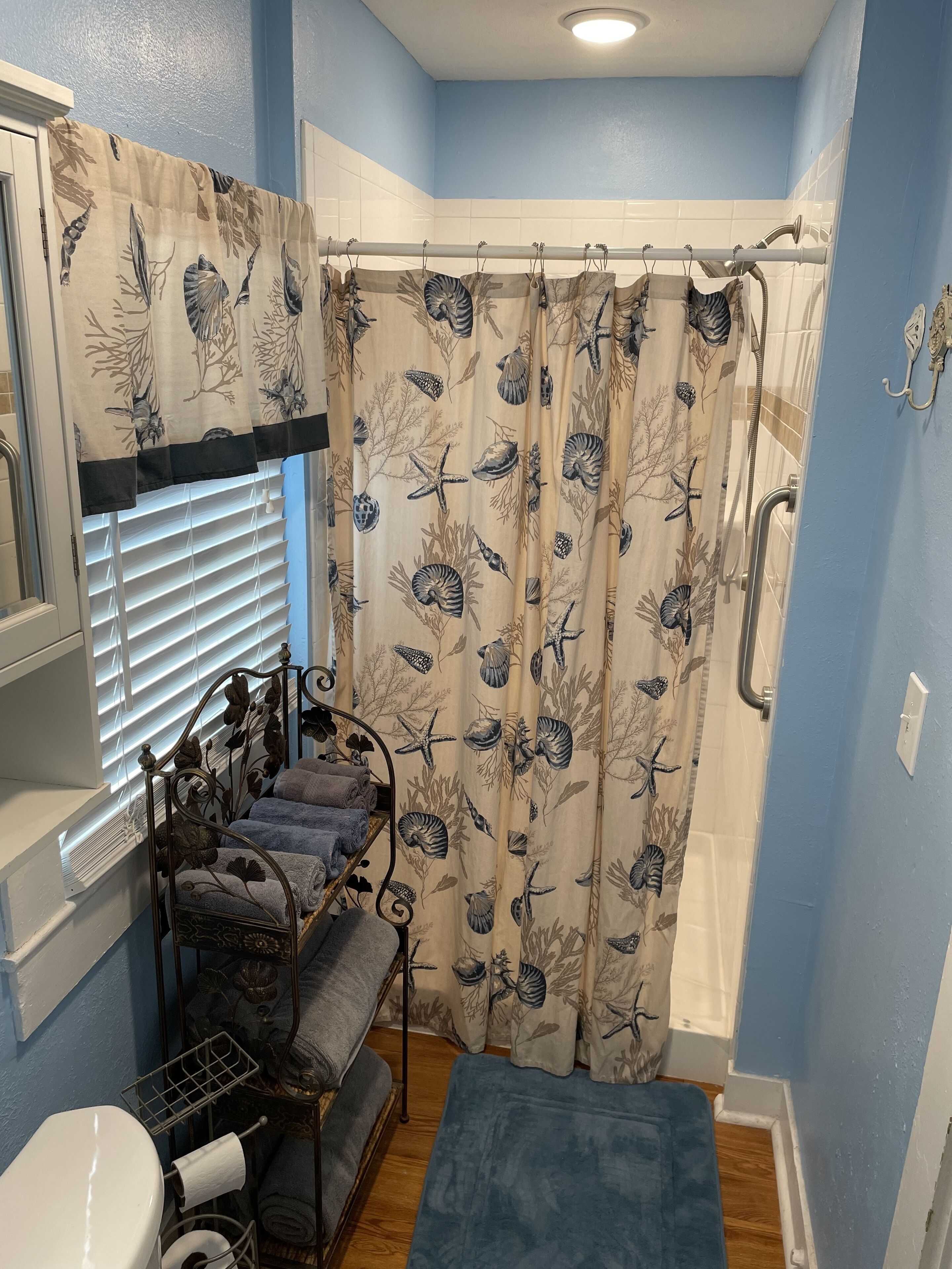 Shower, towels, soap, toilet paper
