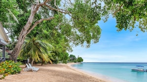 A beach with white lounge chairs, a palm tree, and a boat on the water.