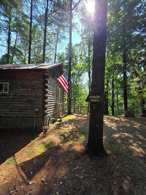 Eine rustikale Holzhütte mit US-amerikanischer Flagge, umgeben von einem Wald.