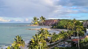 Vista costera con playa, palmeras y un acantilado.
