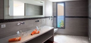 Shower, hair dryer, towels