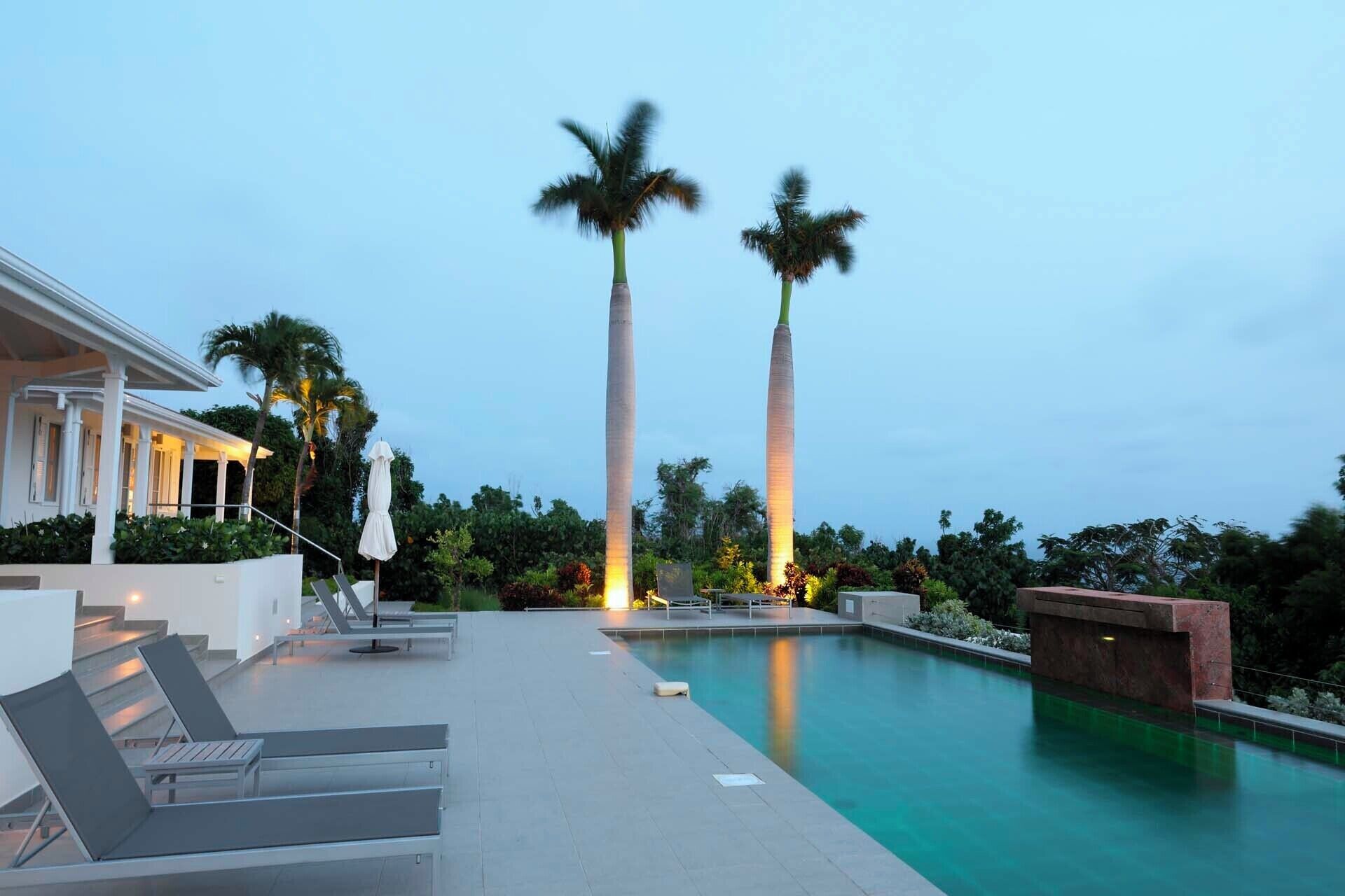 A pool area with lounge chairs, a building with columns, and tall palm trees.