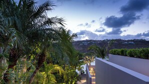 Une villa moderne dotée d’une terrasse en bois, d’une végétation luxuriante et offrant une vue sur le paysage environnant.