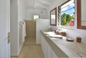 Shower, hair dryer, towels