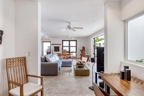 Flat-screen TV, DVD player, books, stereo
