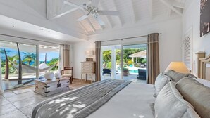 A spacious bedroom with a large bed, a ceiling fan, and a view of a pool and tropical scenery.