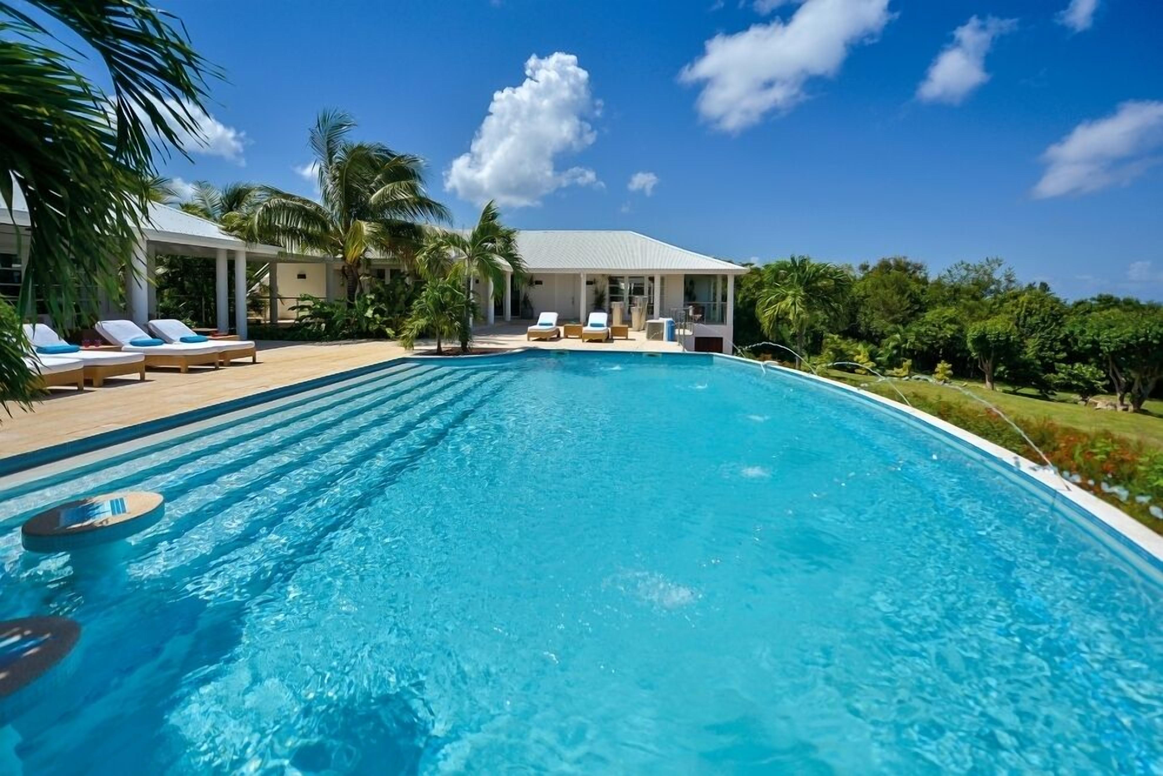 Ein Swimmingpool mit Liegestühlen und Palmen.