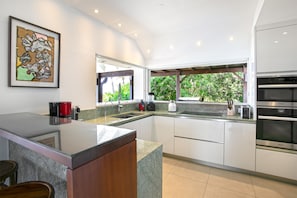 Una cocina moderna con encimera de granito, electrodomésticos de acero inoxidable y vistas al exterior.