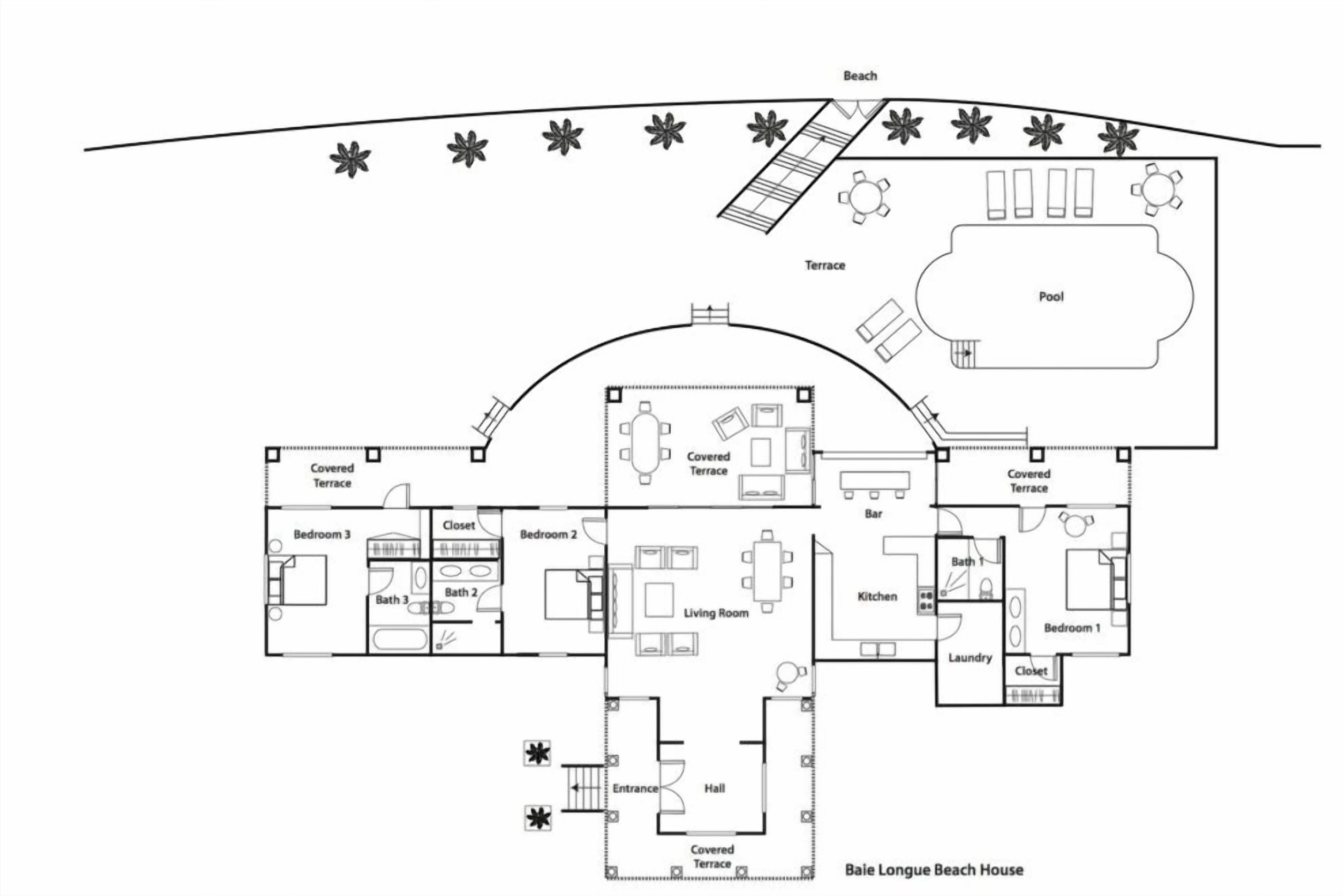 Plan d’étage de la maison Baile Longue Beach, comprenant une terrasse couverte, une piscine, un salon couvert, une cuisine et trois chambres.