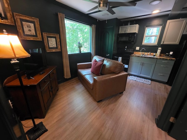 A compact living space with a sofa, a television, a dining area with cabinets, and a ceiling fan.