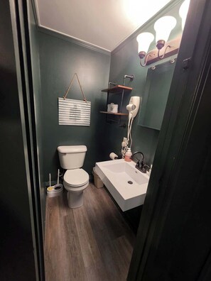 Ein Badezimmer mit Toilette, Waschbecken, Spiegel und Handtuchhalter.