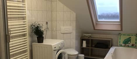 Tina, toallas, jabón, papel de baño