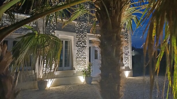 A building with a stone facade, palm trees, and potted plants. - Townhouse 12 persons LE DOMAINE DES PAONS 4 ETOILES (Saint-Germain-du-Pert)