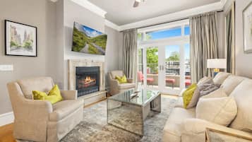 TV, fireplace, books, offices