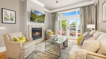 TV, fireplace, books, offices