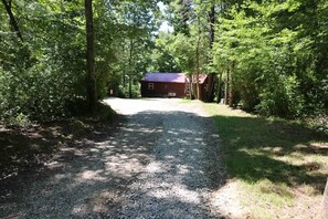 A gravel path leading to a cabin surrounded by dense forest.