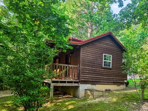 A wooden cabin with a porch, surrounded by dense greenery.