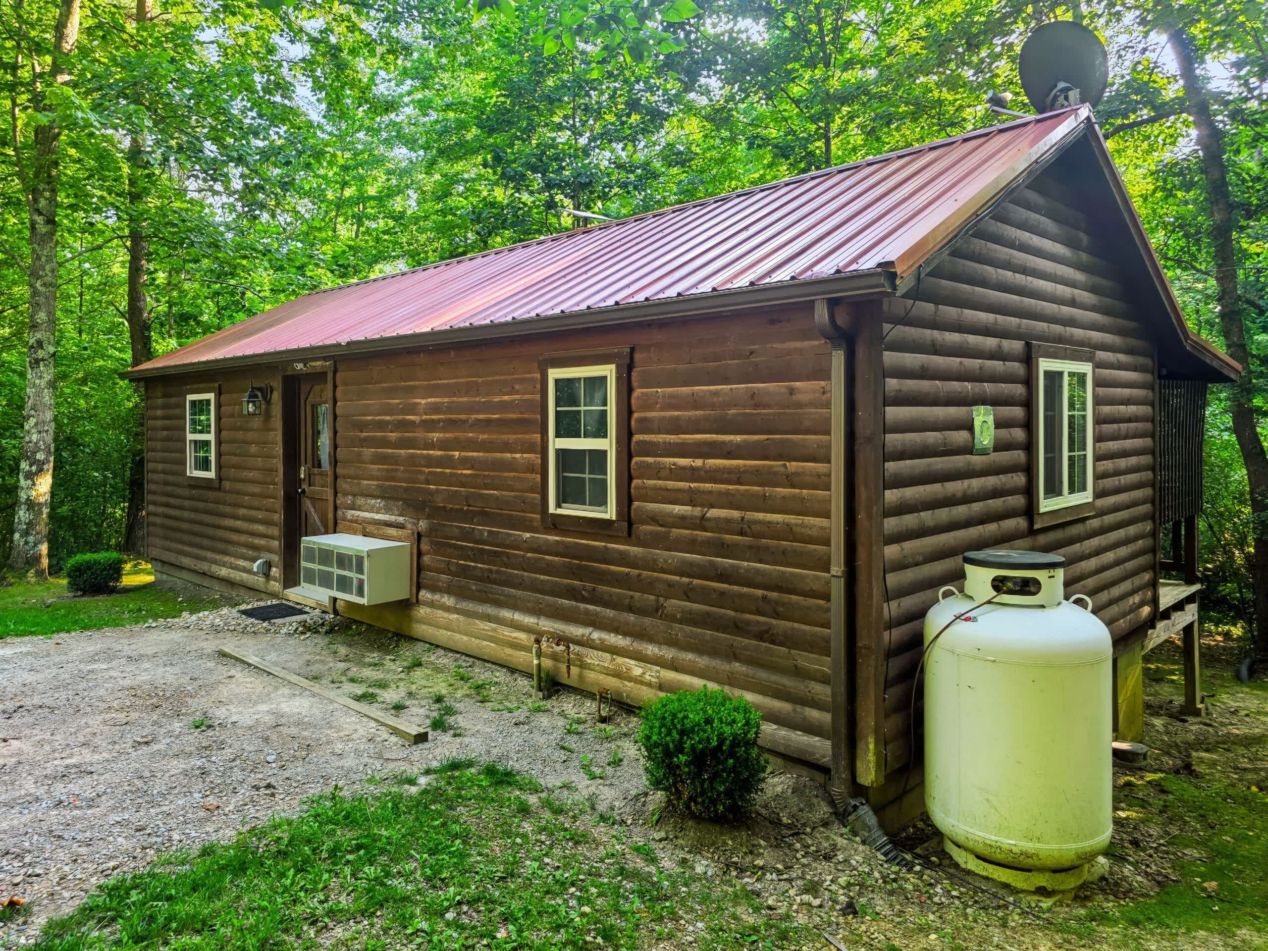 A rustic cabin with a metal roof, a small porch, and a propane tank.