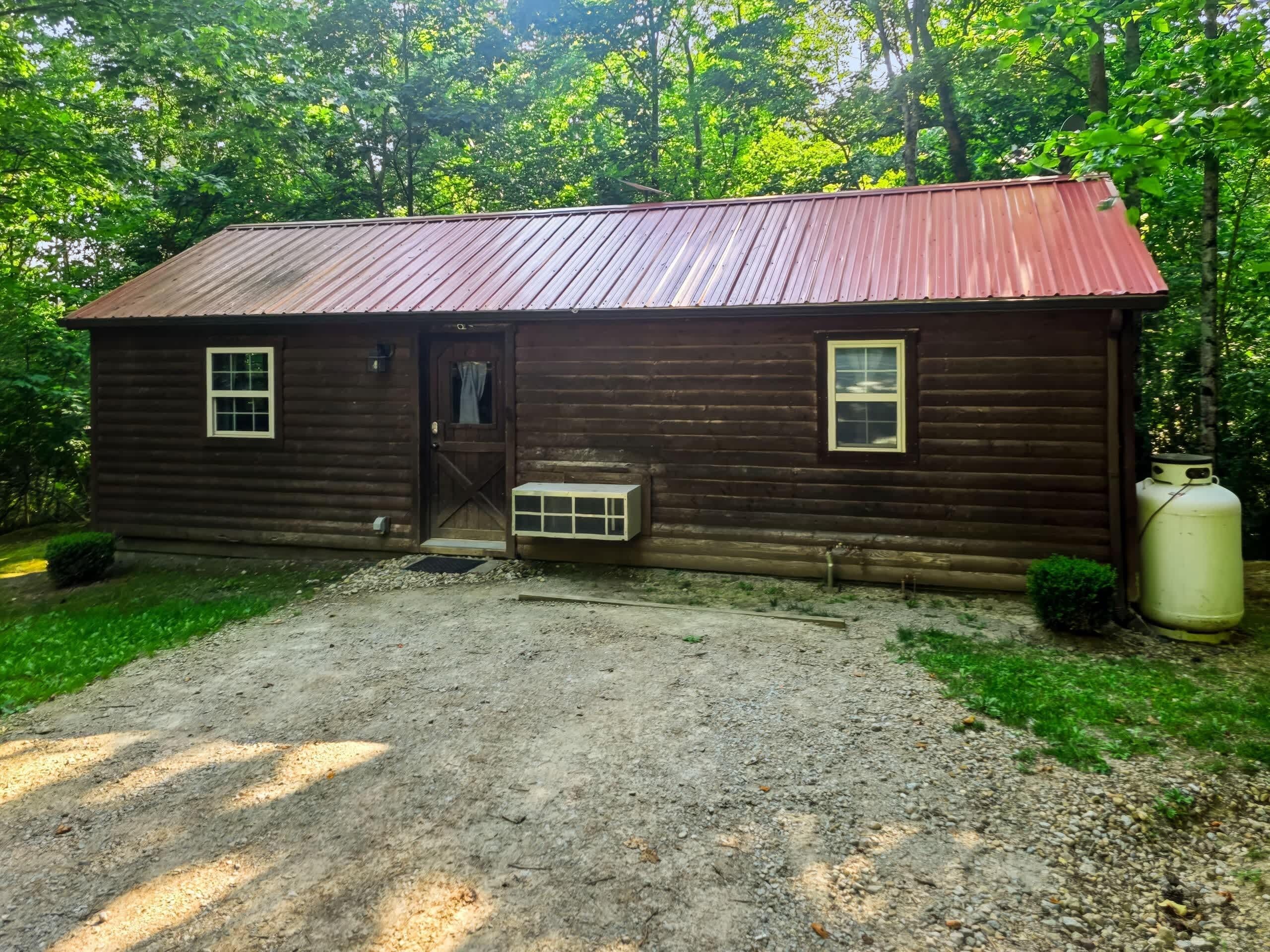 A rustic wooden cabin with a metal roof, a front door, and a small window.