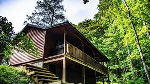 A cabin with a wooden deck, stairs leading to a porch, surrounded by dense forest. - Whippoorwill at Avenwood Cabins (new straitsville)