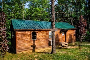 Une petite cabane en bois avec un toit vert, une porte bien visible et un petit porche.