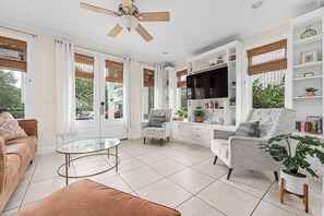 Smart TV, fireplace, video games, DVD player