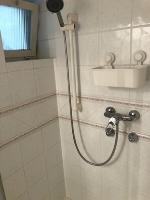 Eine Dusche mit Handbrause, Wandarmatur und Seifenschale.