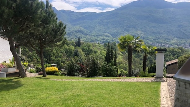 A well-maintained lawn with a stone pathway leading to a building, surrounded by various trees and a mountainous backdrop. - Sureggio Village (Capriasca)