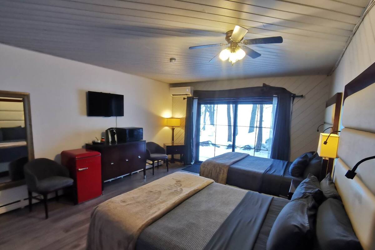 Habitación de hotel con dos camas, un escritorio, una silla, un televisor y una ventana con vistas a árboles.