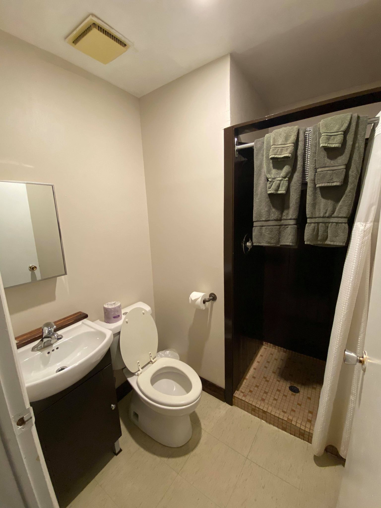 A small bathroom with a sink, toilet, and a shower area.