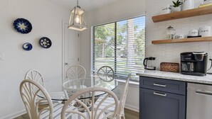 A modern kitchen with white cabinetry, a coffee maker, and a window with blinds.