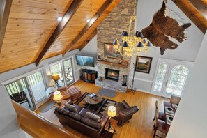 Smart TV, fireplace, DVD player, books