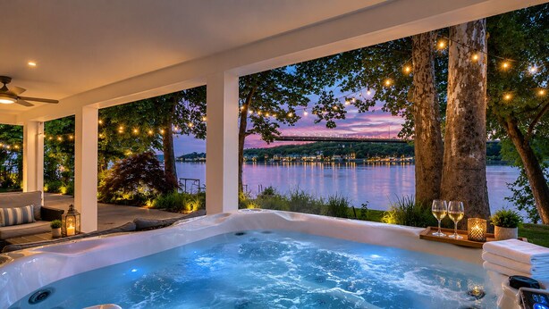 A hot tub with a view of a lake at dusk, surrounded by trees and outdoor seating. - Riverfront Home on the Ohio River, Private Dock, Hot Tub, Sleeps 8 (Prospect)