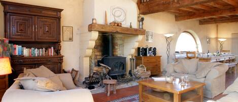 TV, fireplace, books, stereo