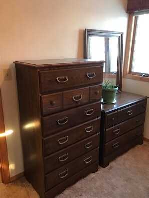 Comfortable room with a dresser, window, and potted plant.