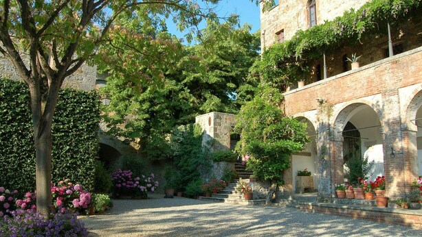 Un patio con un puente de piedra, arcos y plantas en macetas.